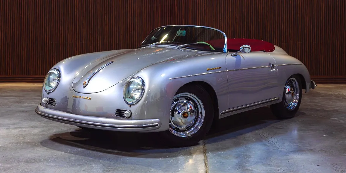 Silver Porsche Speedster 1956 (Vintage) exterior with convertible roof for wedding car rental in Nassau County, NY Silver Porsche Speedster 1956 (Vintage) exterior with convertible roof for wedding car rental in Nassau County, NY