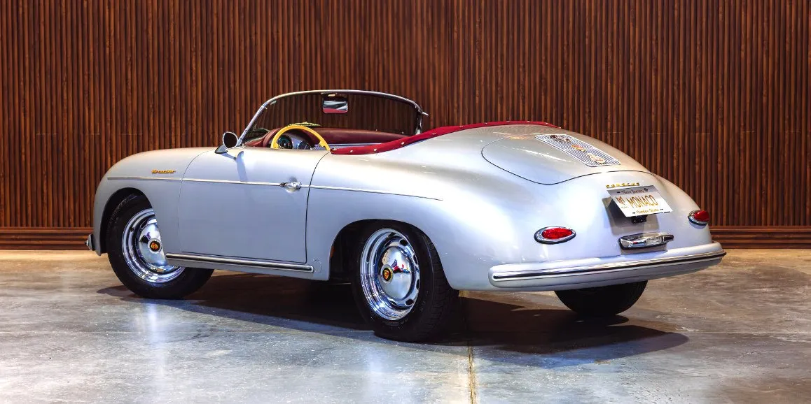 Silver Porsche Speedster 1956 (Vintage) exterior with convertible roof, photo 4 for wedding car rental in Nassau County, NY Silver Porsche Speedster 1956 (Vintage) exterior with convertible roof, photo 4 for wedding car rental in Nassau County, NY