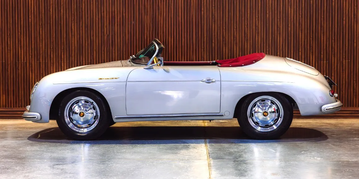 Silver Porsche Speedster 1956 (Vintage) with convertible roof for wedding car rental in Nassau County, NY Silver Porsche Speedster 1956 (Vintage) with convertible roof for wedding car rental in Nassau County, NY