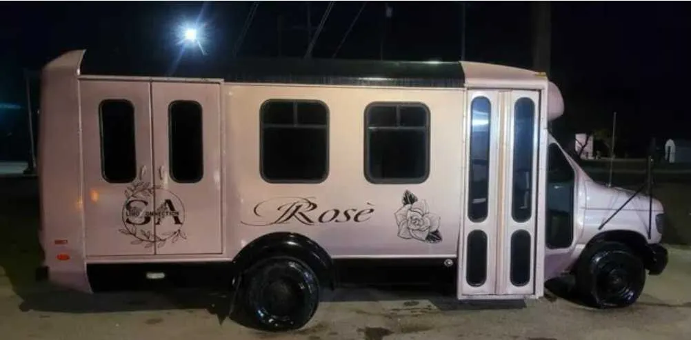 Pink Rose Party Bus exterior for party bus rental in Dallas, TX Pink Rose Party Bus exterior for party bus rental in Dallas, TX