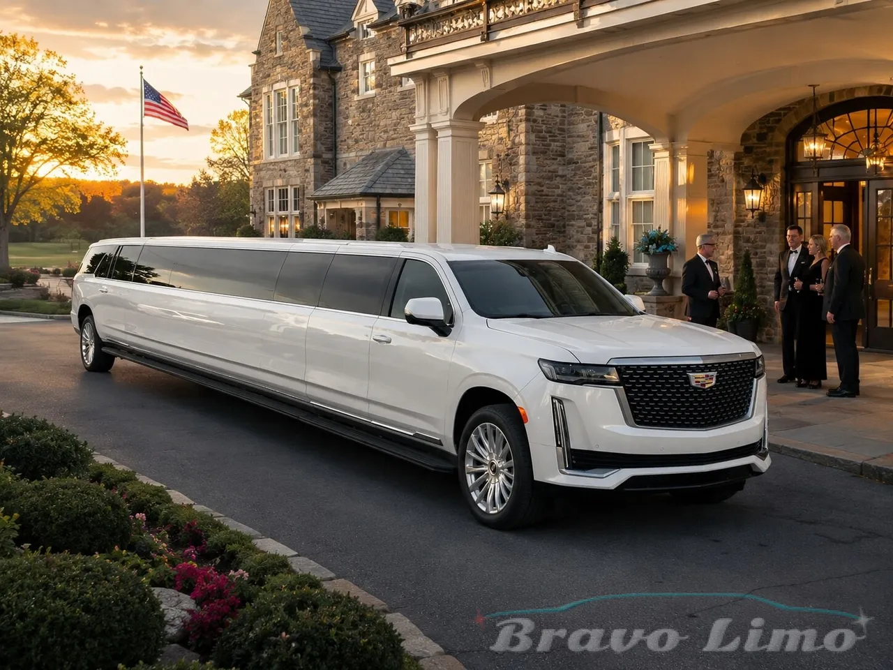 White Cadillac Escalade Limousine — advertised 20–24 maximum for limo rental in Danforth, ME