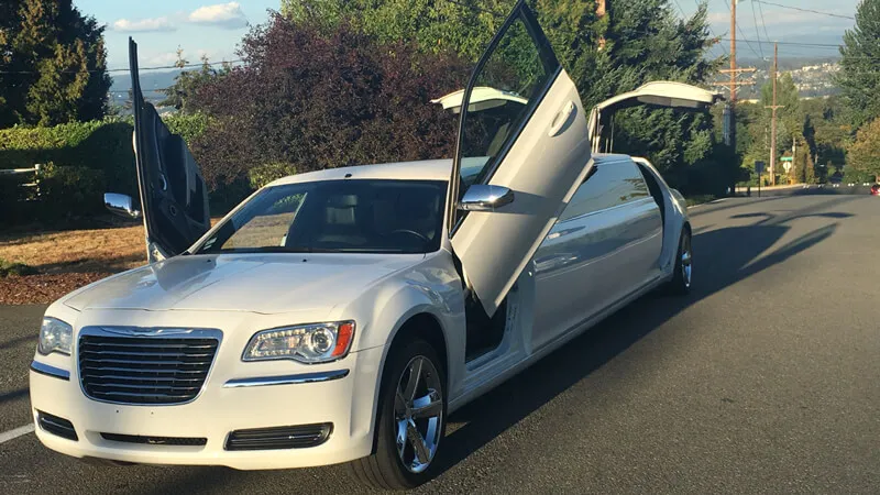 White Chrysler 300 Jet Door Limousine for wedding car rental in Seattle, WA