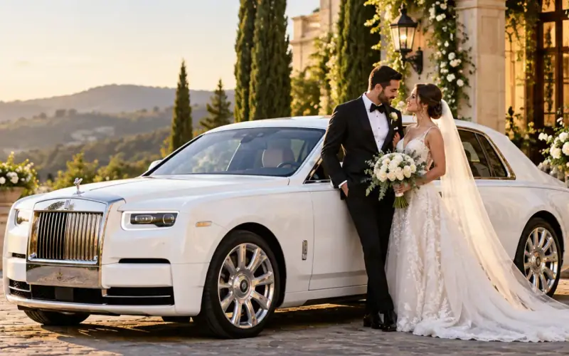 Bride and groom beside a white Rolls-Royce Phantom wedding car